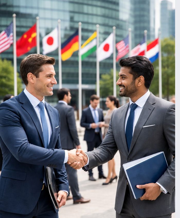 B2B global trade business handshake agreement for export partnership