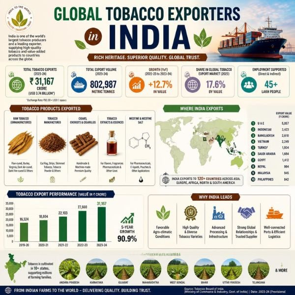 Global Tobacco Exporters in India supply premium quality tobacco products to international buyers