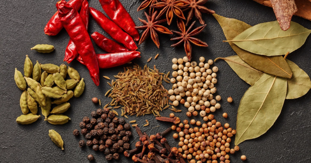 Indian spices exported from India, including turmeric, cumin, coriander and red chili